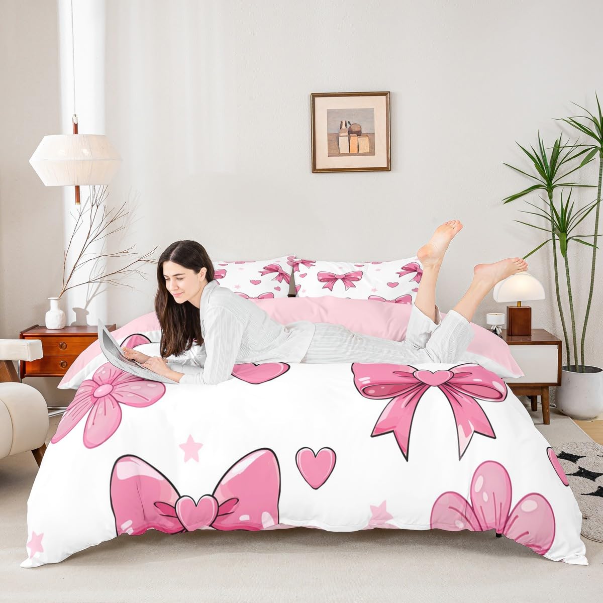 Homemissing Cute Bowknot Duvet Cover Set Single Size Pink Bow Tie Duvet Cover for Boys Girls Flower Star Print Bedding Set 2Pcs Love Heart Room Decor - Image 2