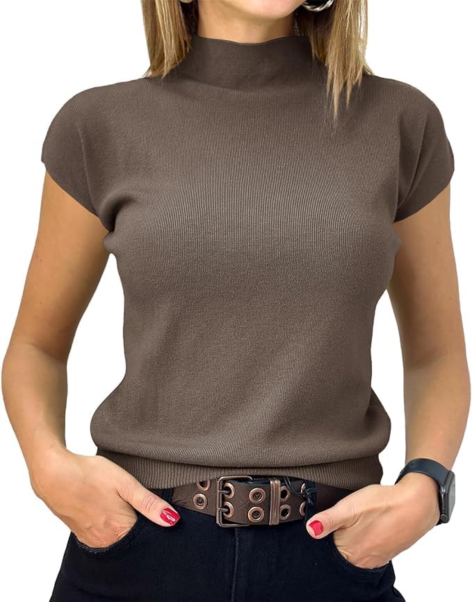 Saodimallsu Damen Pullover Kurzarm Sommer Strickpullover mit Stehkragen Einfarbig Slim Fit T-Shirt Oberteile Leicht Basic Strickshirts