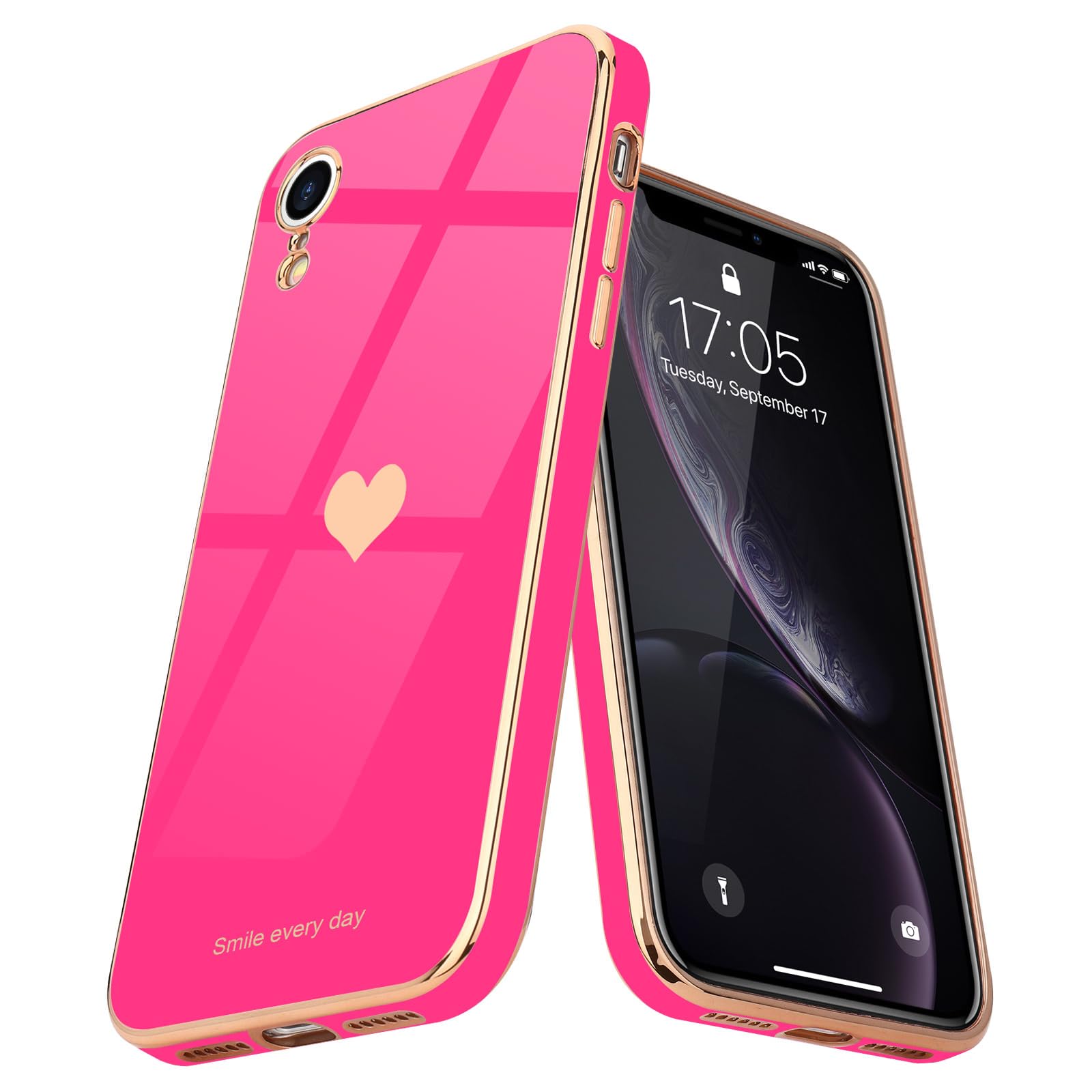 Teageo for iPhone Xr Case Cute Heart Pattern for Women Girls Slim Luxury Bling Plating Soft TPU Anti-Scratch Shockproof Bumper Phone Case for iPhone Xr, Hot Pink