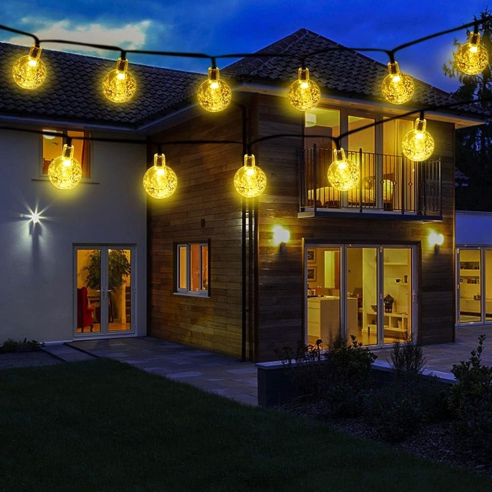 Guirnalda Luces Exterior, 11M 60 LED Solar Cadena de Luces Bola Cristal, 8 Modos IP65 Impermeable, Decoración para Interior/Exterior, Navidad, Fiestas, Bodas, Patio, Jardín, Festivales (Blanco Cálido)