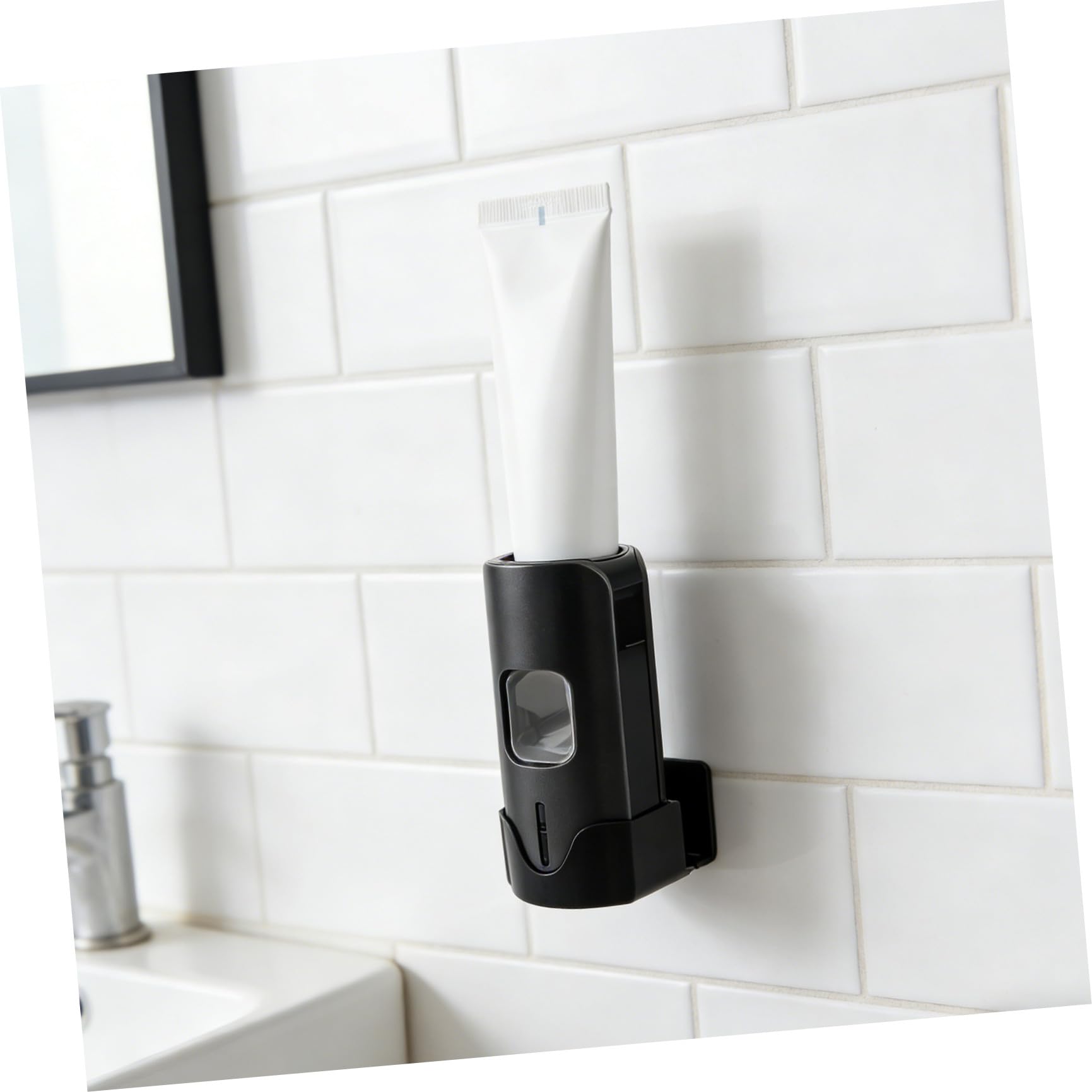 Dispenser Dentifricio Automatico senza Contatto con Porta Spazzolini da Muro in Plastica Nera, con Drenaggio Acqua e Scomparti Regolabili per Bagno