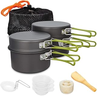 Queta Set Pentole da Campeggio, 2-3 Persone Set Stoviglie Campeggio, 11pcs Portatile Ultraleggero Kit Camping Cookware con Padelle Piatti Ciotole per Cucina per Barbecue Campeggio