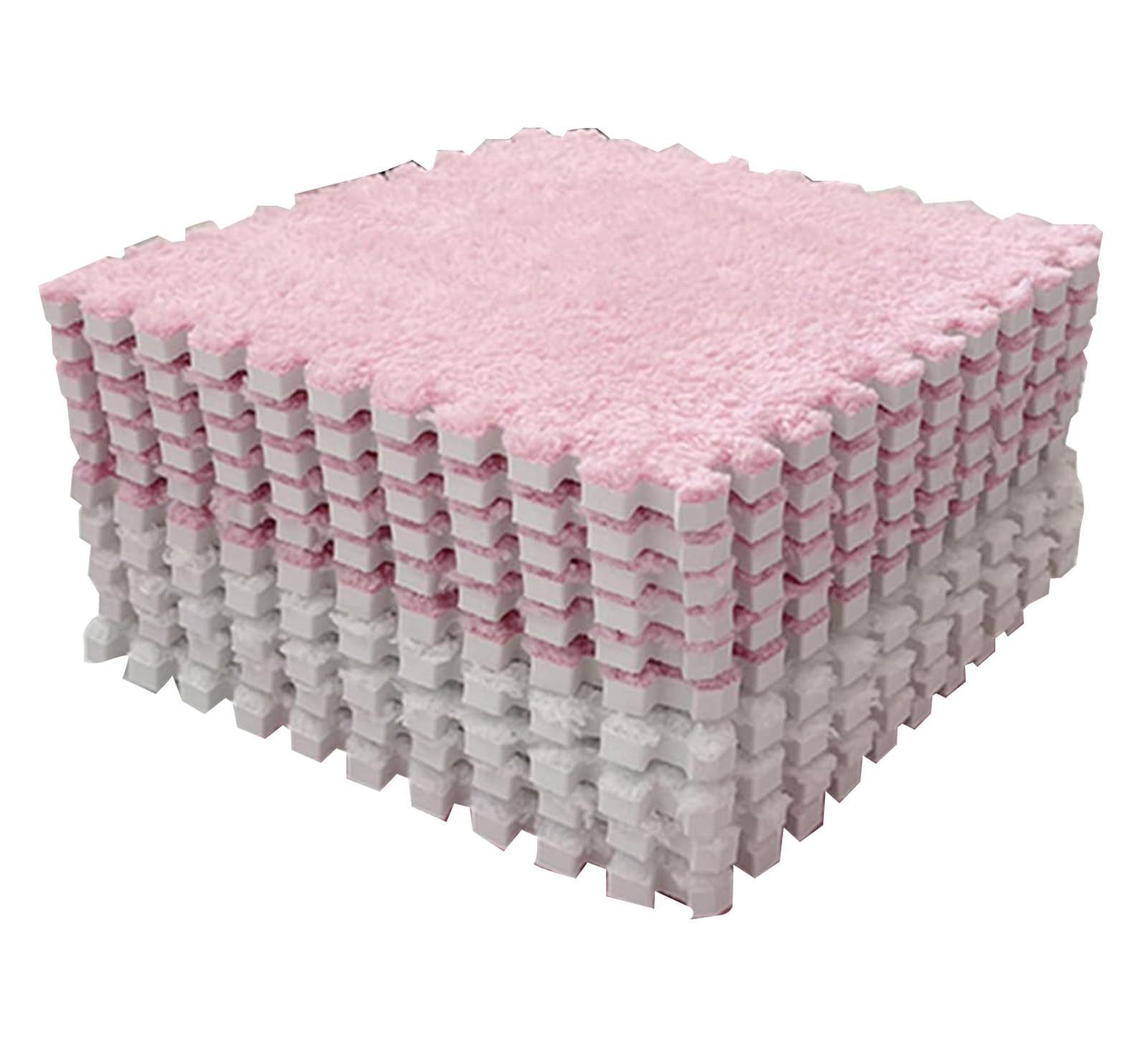 BORDSTRACT 10pcs Color Blocking Plush Foam Floor Mats, Interlocking Cuttable Soft Rugs, Ideal for Bedroom and Living Room Decor (Pink White)