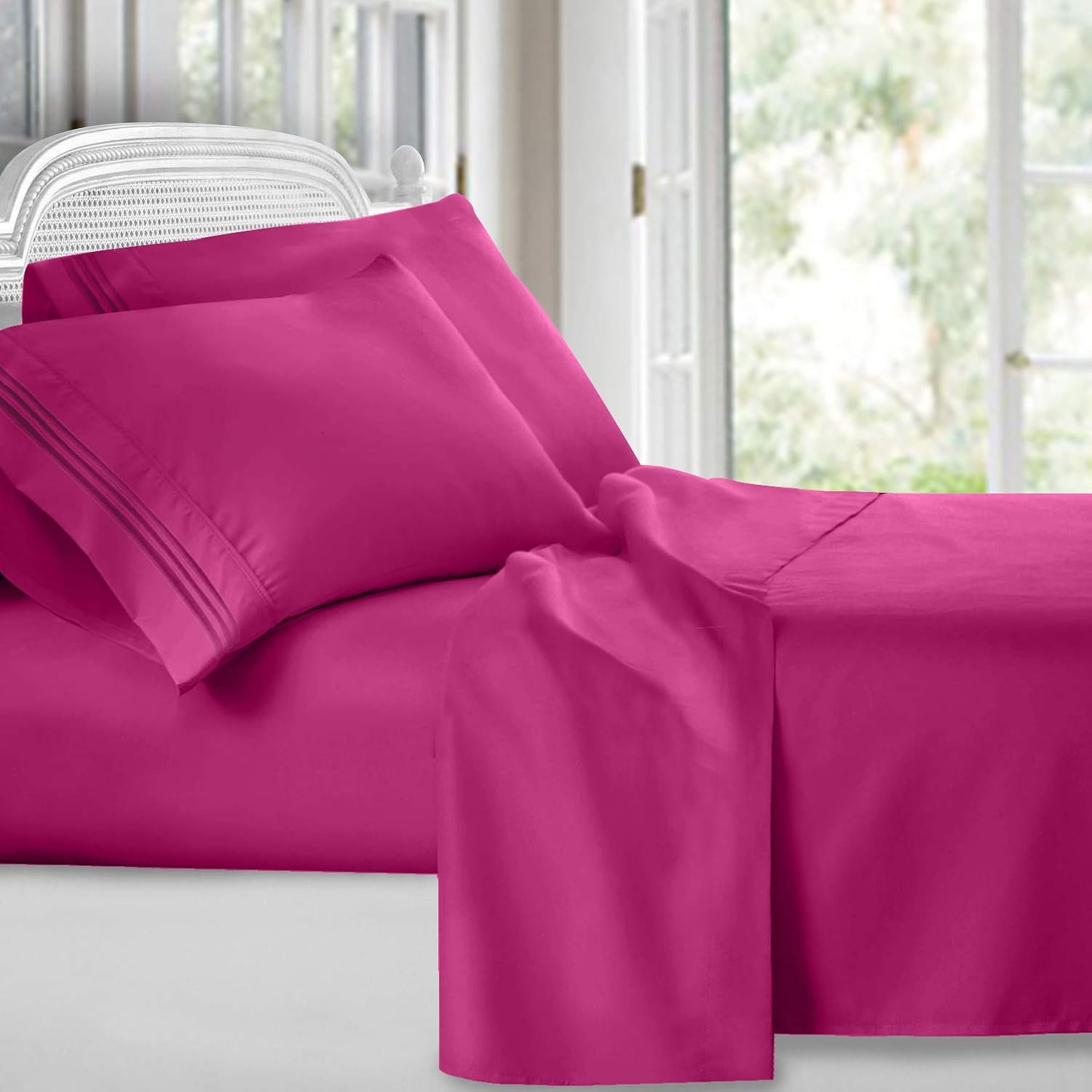 Clara Clark Bed Sheets, Premier 1800 Series 4 Piece Bed Sheet Set, Deep Pocket, Wrinkle, Fade, Stain Resistant, Luxury Soft Bedding Sheets & Pillowcases, Full, Magenta