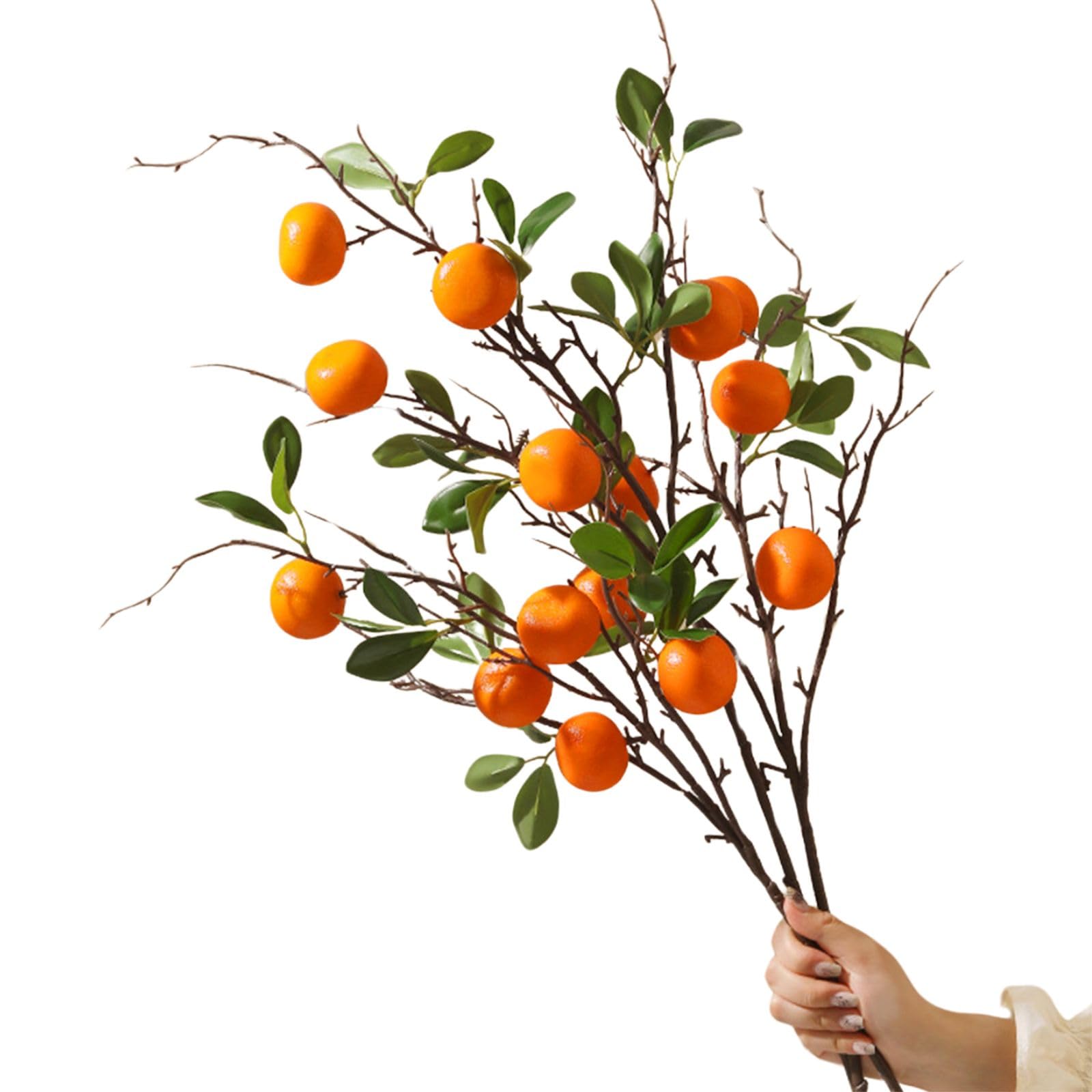 RXMORI 4Pcs Artificial Tangerine Branches,29 Inch Fake Orange Branch with Green Leaves,Fake Foam Tangerine Stems Faux Fruit Plants for Home Decor