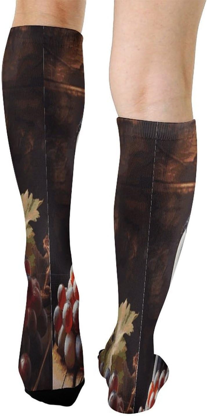Art Red Wine Galsses & Grapes Crew Socks Calf Socks Athletic Crew Sock