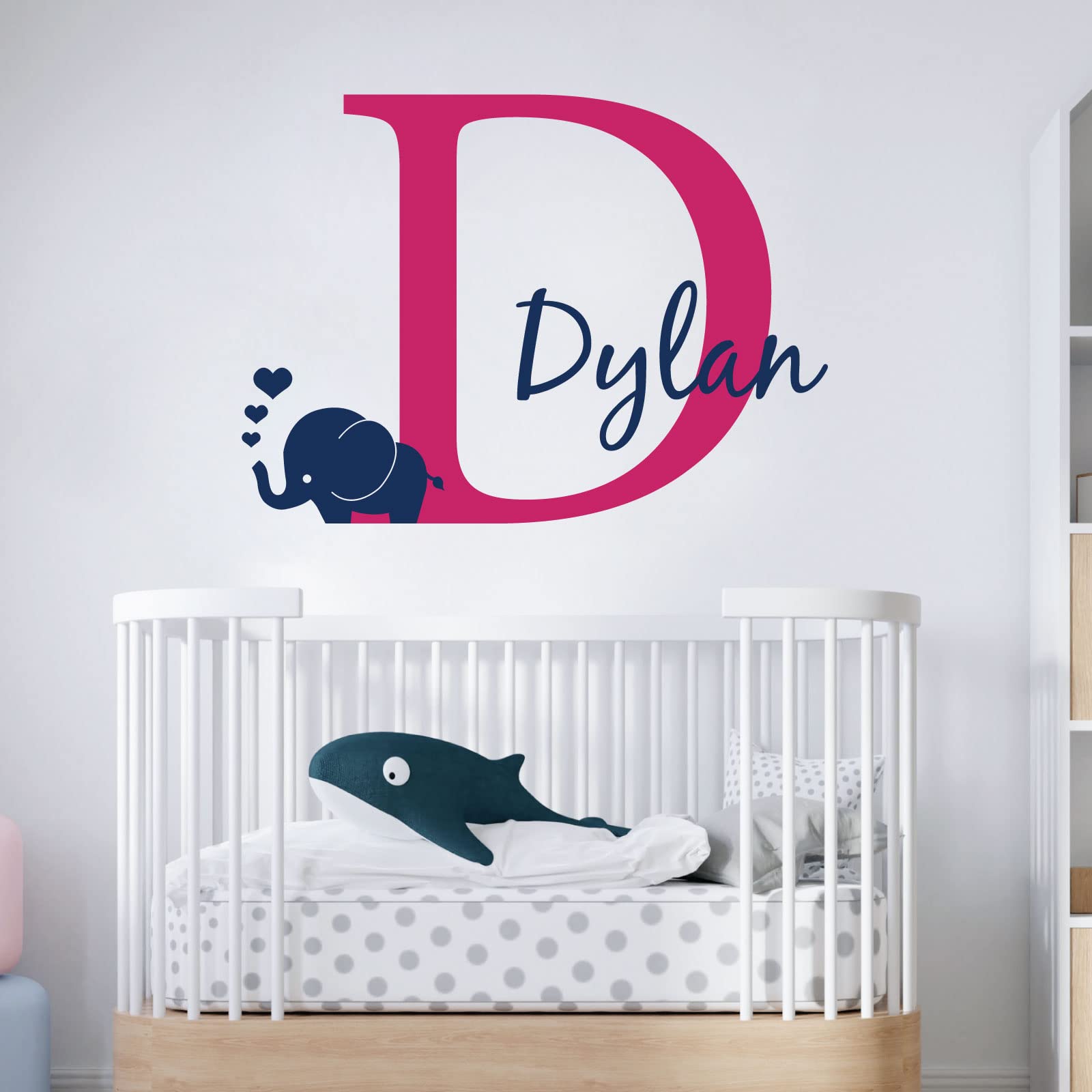 Personalised Baby Girl/Boy Name with Initial Letter and Baby Elephant, Hearts - 2 Colours [Large] [Magenta]