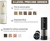Vista 3 de Juego de molinillo eléctrico recargable de acero inoxidable para sal y pimienta, carga USB con cubierta antipolvo, 6 modos de molienda ajustables +