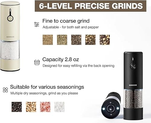 Miniatura 3 de Juego de molinillo eléctrico recargable de acero inoxidable para sal y pimienta, carga USB con cubierta antipolvo, 6 modos de molienda ajustables +