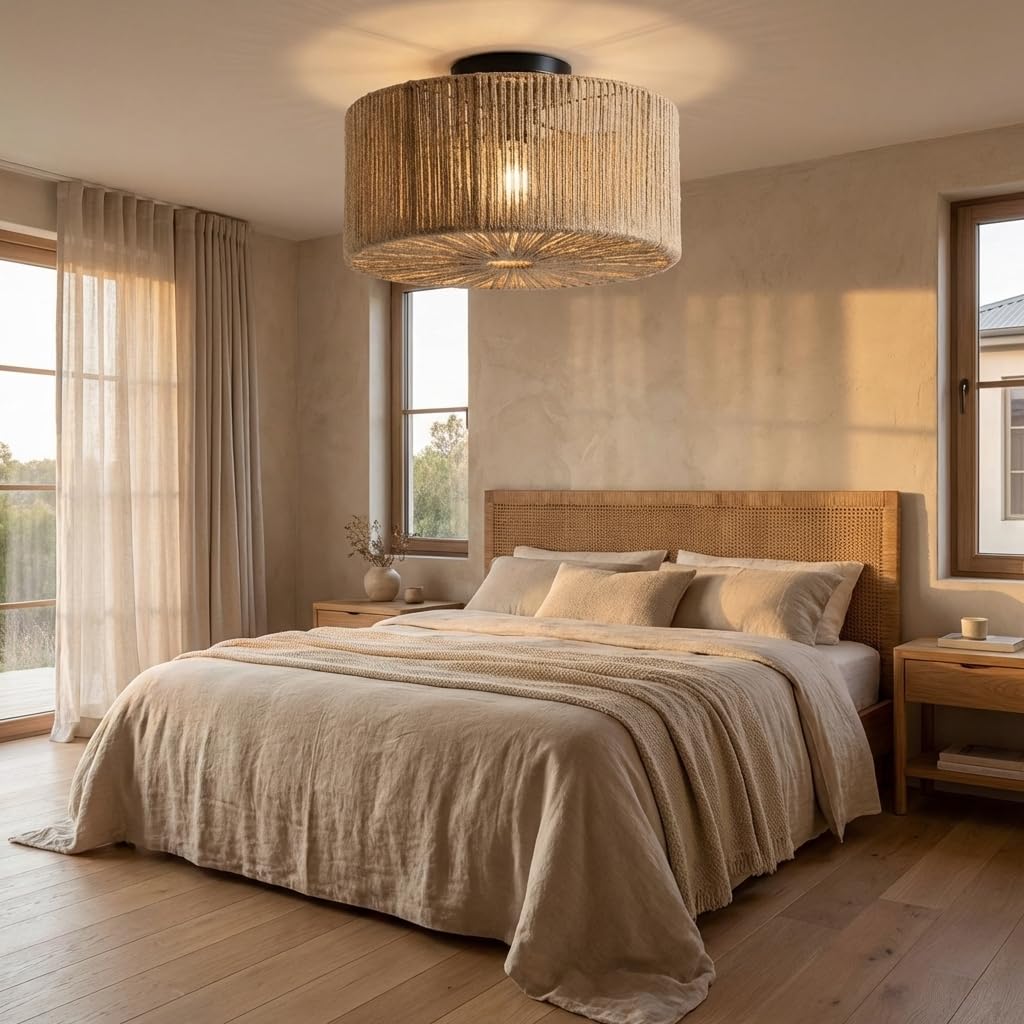 Alpinaluz Plafón de Techo YUTORA Ø40 cm, Lámpara Artesanal de Cuerda de Yute Beige con Estructura de Acero para Salón, Dormitorio y Entrada, Estilo Rústico Boho, Luz Suave y Acogedora