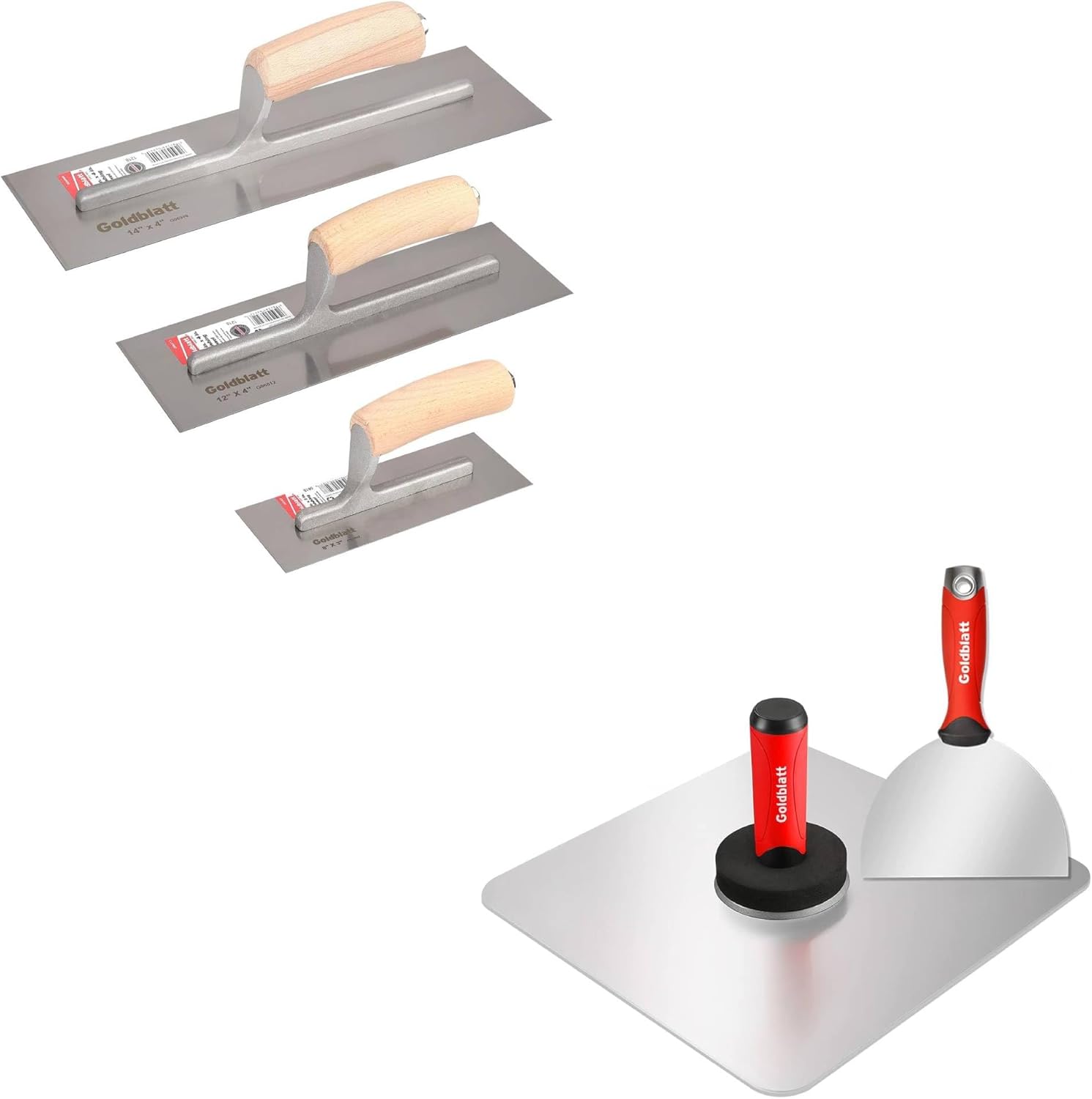 Goldblatt 2 Pieces Drywall Hand Tool Kit - 13” Aluminum Hawk & 6” Stainless Steel Joint Knife & Goldblatt 3 Pieces Carbon Steel Drywall Finishing Trowel Set