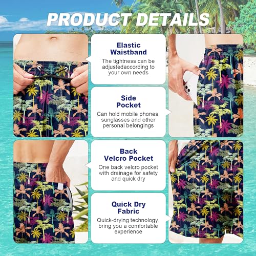 FT FENTENG Mens Swim Trunks, Multicolour Palm Tree Board Shorts Swimwear Bathing Suit with Mesh Lining, Funny Hawaii Quick Dry Beach Shorts for Swimming, 3X-Large