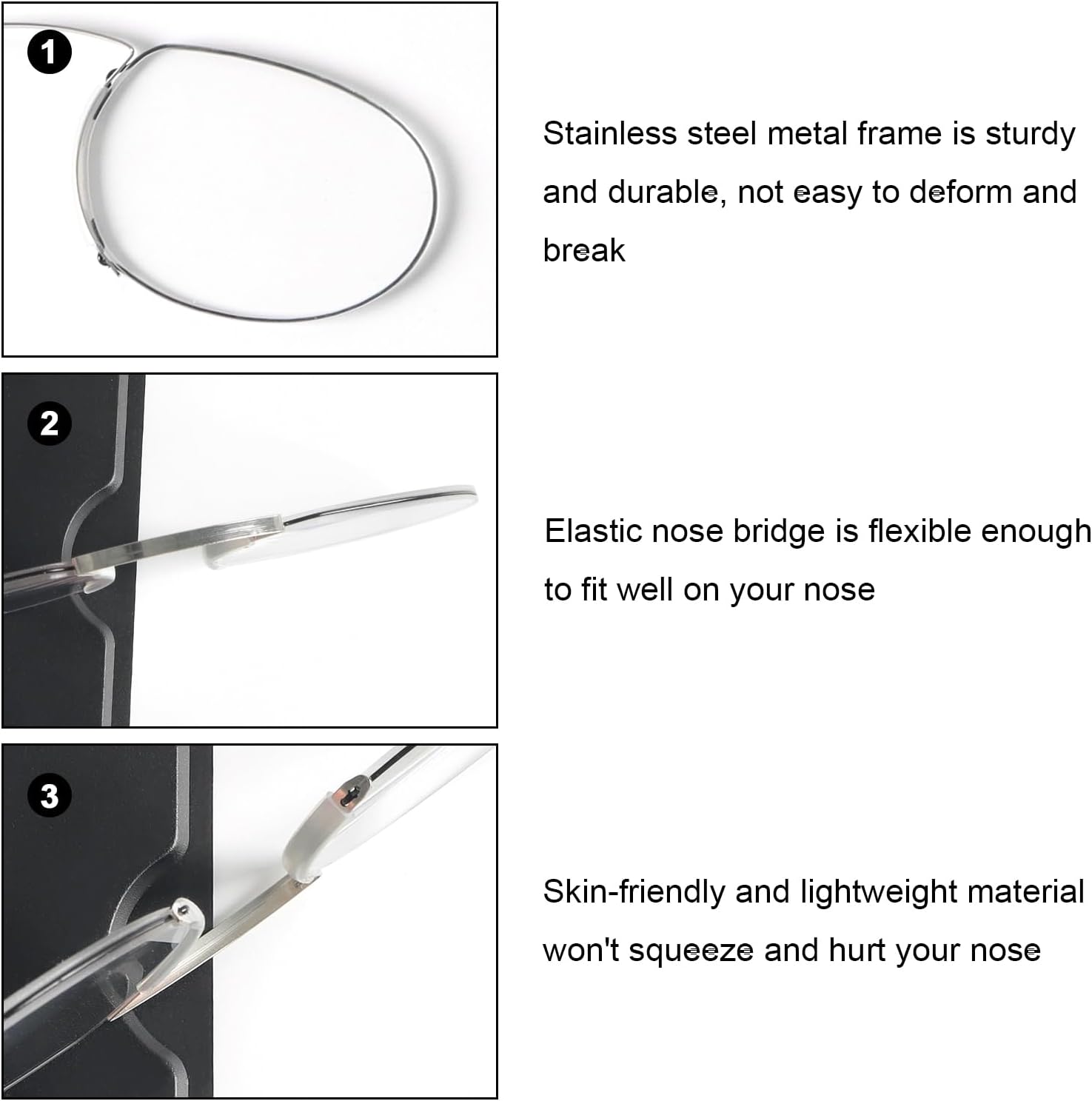 MMOWW 3 Pack Slim Armless Reading Glasses with Portable Cases for Women Men, Pocket Size Small Readers Comfortable Nose Pads - Image 4