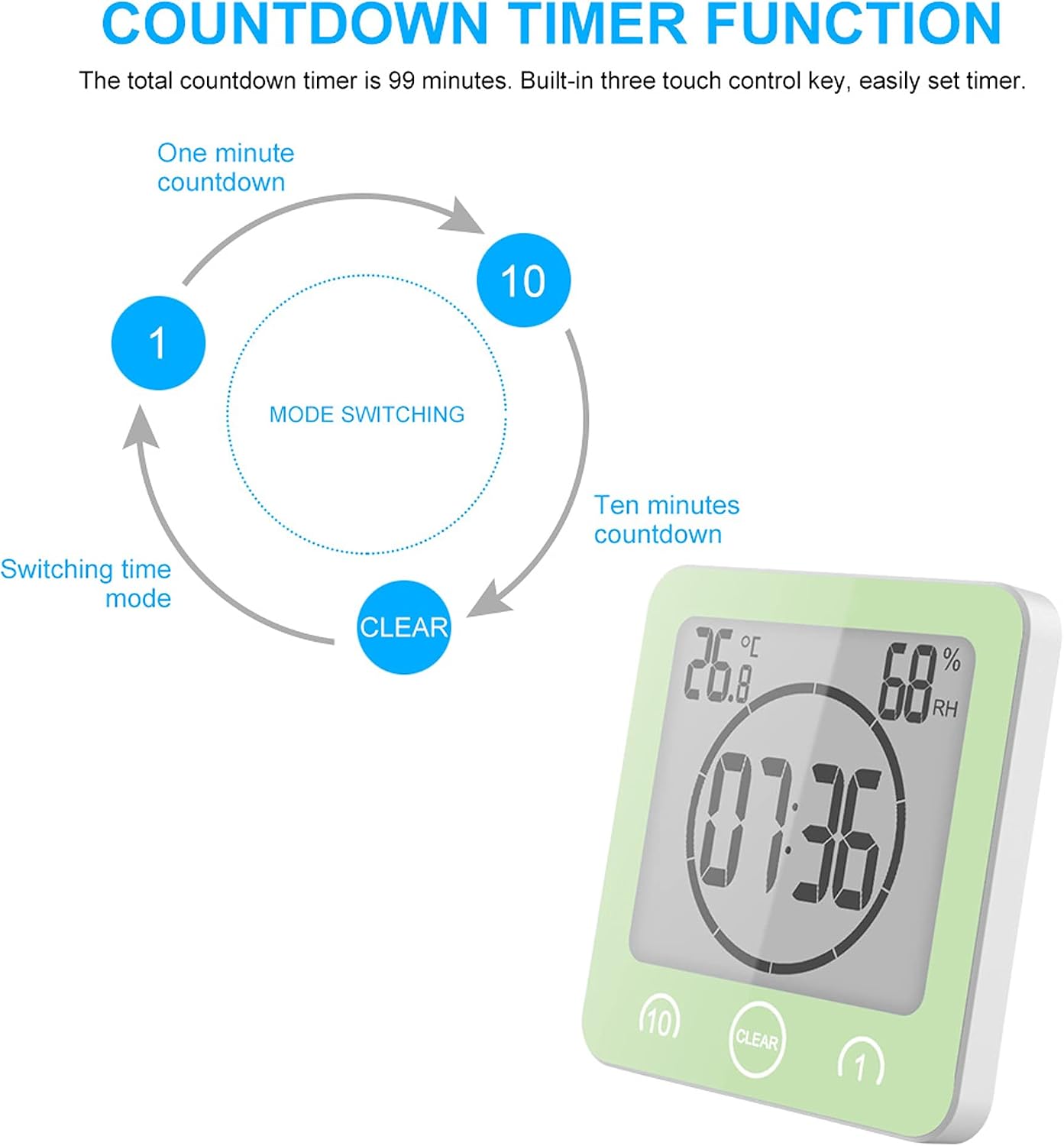 Shower Clock Waterproof Wall Clock Bathroom Clock Sunsbell Shower Cock Digital Temperature Humidity Display with Suction Cup, Touch Screen Timer for Kitchen Bathroom