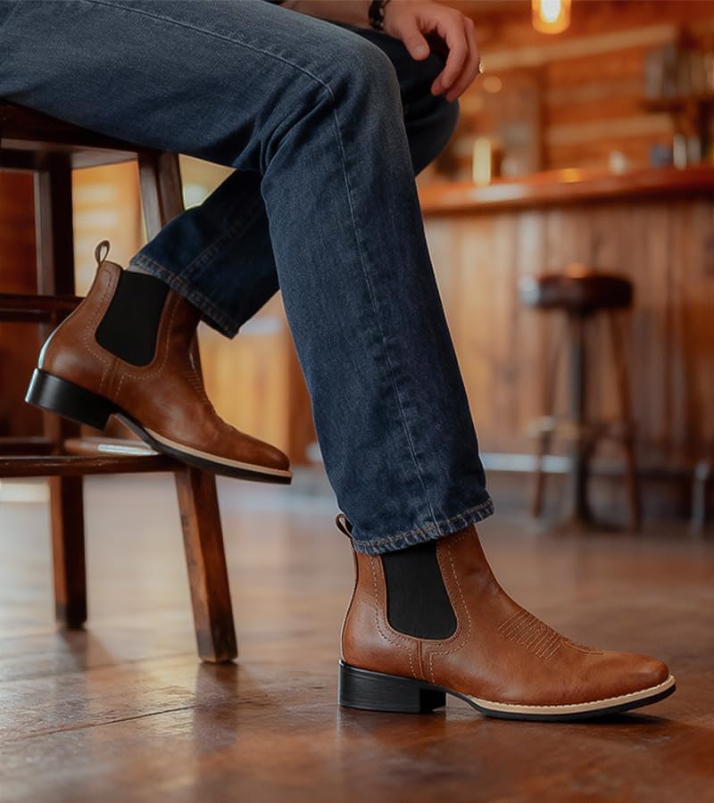Cowboy Boots for Men Square Toe Chelsea Boots Mens Western Ankle Boot Slip On Casual Dress Boot - Image 2
