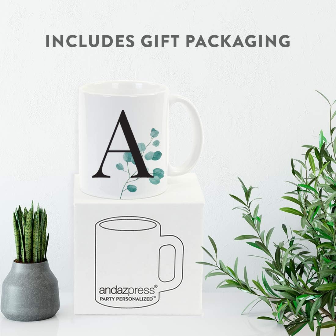 Andaz Press 11oz. Coffee Mug Gift, Eucalyptus Leaves Greenery, Initial Monogram Letter A, 1-Pack, Includes Gift Box, Christmas Birthday Mother's Day Graduation Coworker Present Ideas