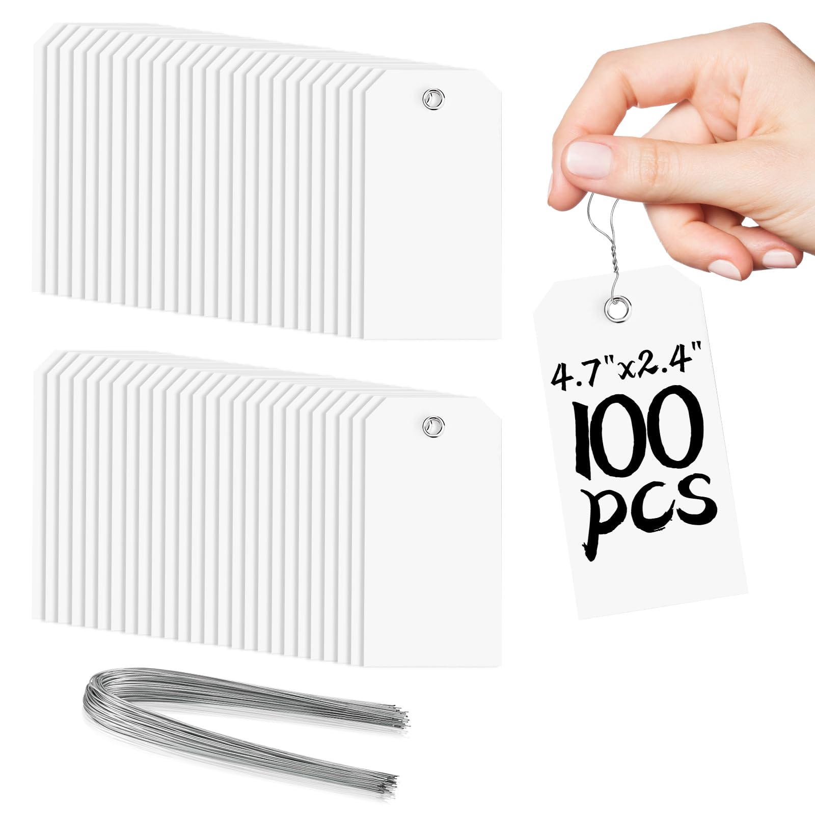 Photo 1 of 100 White Tags with String - Large Plastic Tags with Reinforced Hole for Price Machines Parts Luggage Garage Inventory (4 3/4" x 2 3/8")