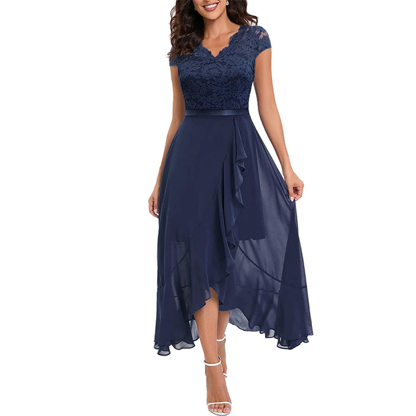 Kleid Hochzeitsgast Damen Abendkleider Elegant Hochzeit Cocktailkleid Spitze Chiffonkleid Vorne Kurz Hinten Lang Rüschen Kleider Lochstickerei Brautjungfernkleider Frauen A Linie Ballkleid