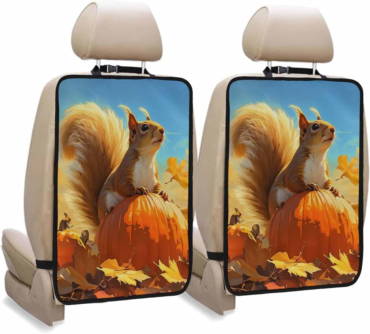 T&H XHome Car Seat Protector, 2 Pack Kick Mats Back Seat Protector Fall Pumpkin Autumn Animal Squirrel Maple Leaf Waterproof Backseat Cover for Kids Universal Fit Automotive Interior Protectors