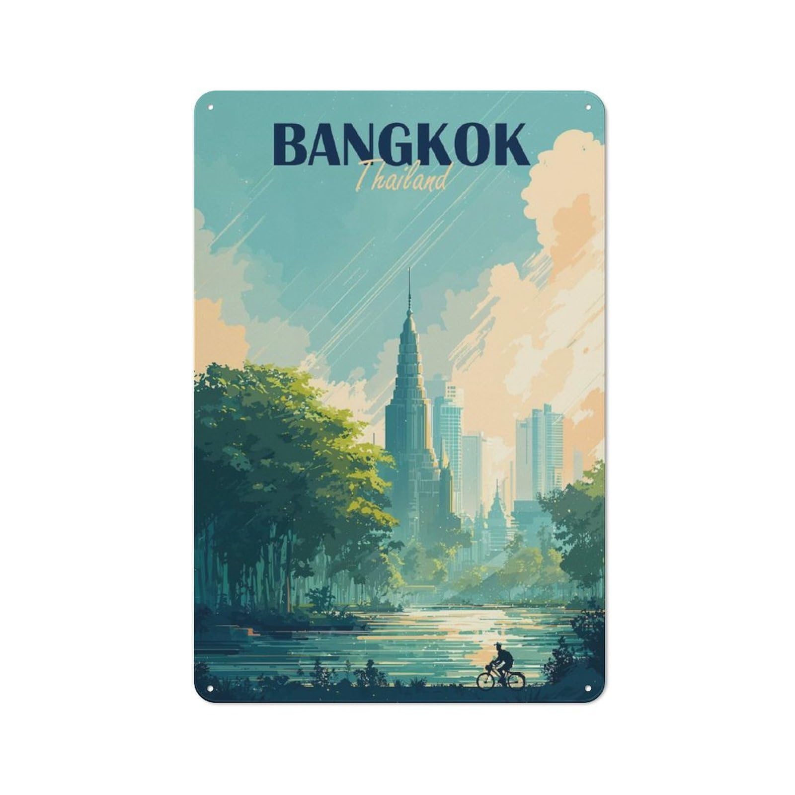Junmoney Bangkok Thailand Cityscape Illustration Tin Sign 30X20cm With For Garage Wall, Retro-Style Decor, For Vintage Wall Decor Fans, For Metal Sign Collectors