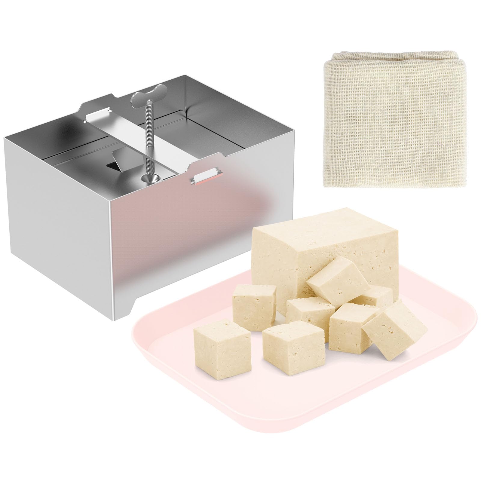 Ghshanog Silver Tofu Press,304 Stainless Steel Cheese Press,Adjustable Paneer Maker With Drain Hole And Drip Tray,16X12x9 Cm Paneer Making Mold For Homemade Firm Tofu Cheese