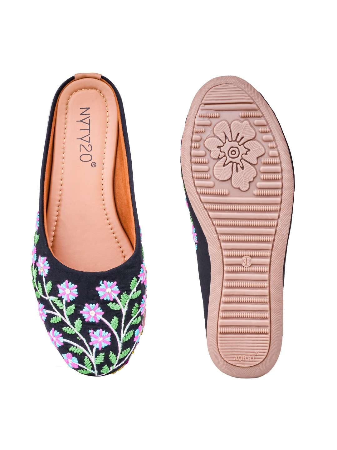 “women’s purple & black flower jutti – handcrafted ethnic slip-on flats with elegant floral embroidery & comfortable cushion sole”