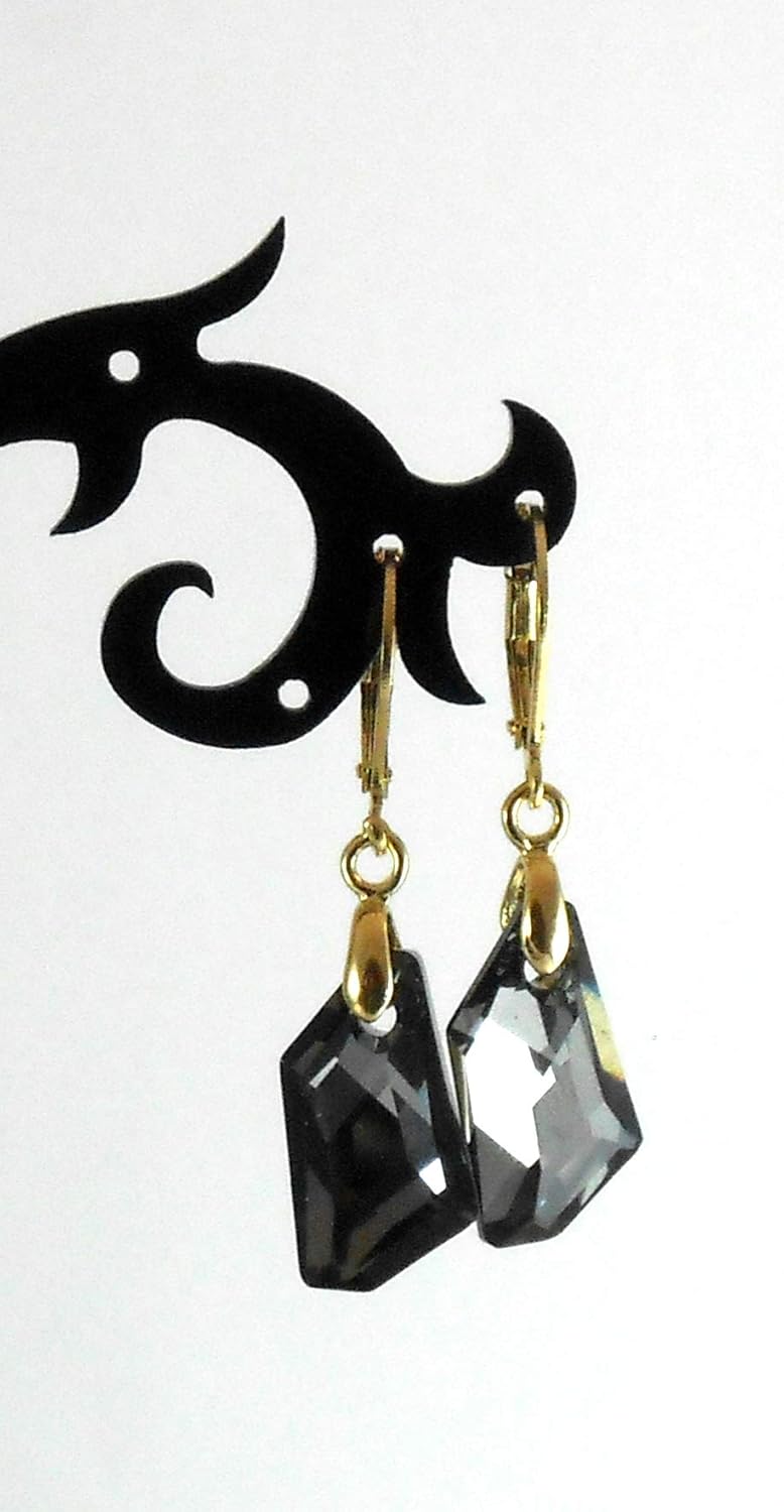 Designer14K Yellow Gold Earrings with original Austrian Crystals Pure plated thick 1 micron Round Lever back Dangle Drop Jewelry for Women Valentine Bridal bridesmaid Girl gift Grey - Silver Night