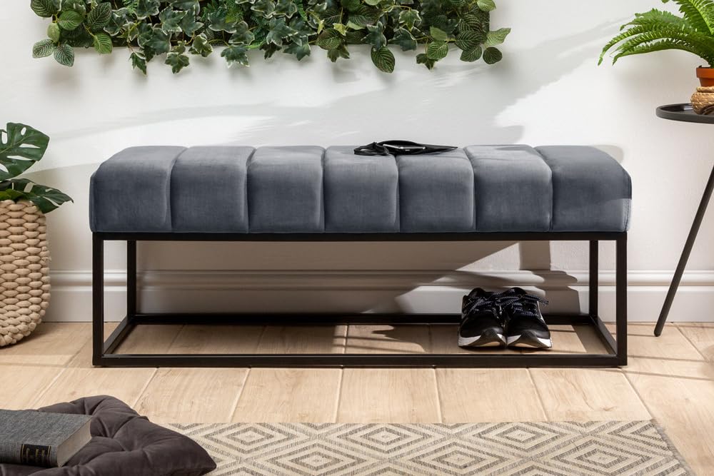 Riess Ambiente Moderne Sitzbank - Petit BEAUTÉ - 110cm - Silbergrau Samt - schwarzes Gestell