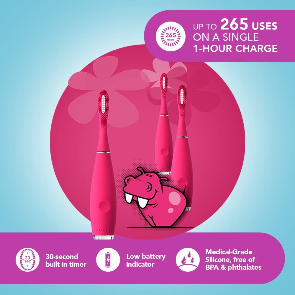 FOREO ISSA Kids Silicone Sonic Toothbrush for Kids, Rose Nose Hippo