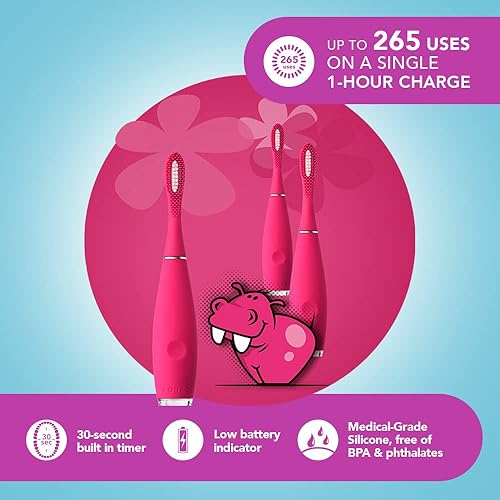 Miniatura 7 de FOREO ISSA Kids Cepillo de dientes sónico de silicona para niños, hipopótamo de nariz rosa