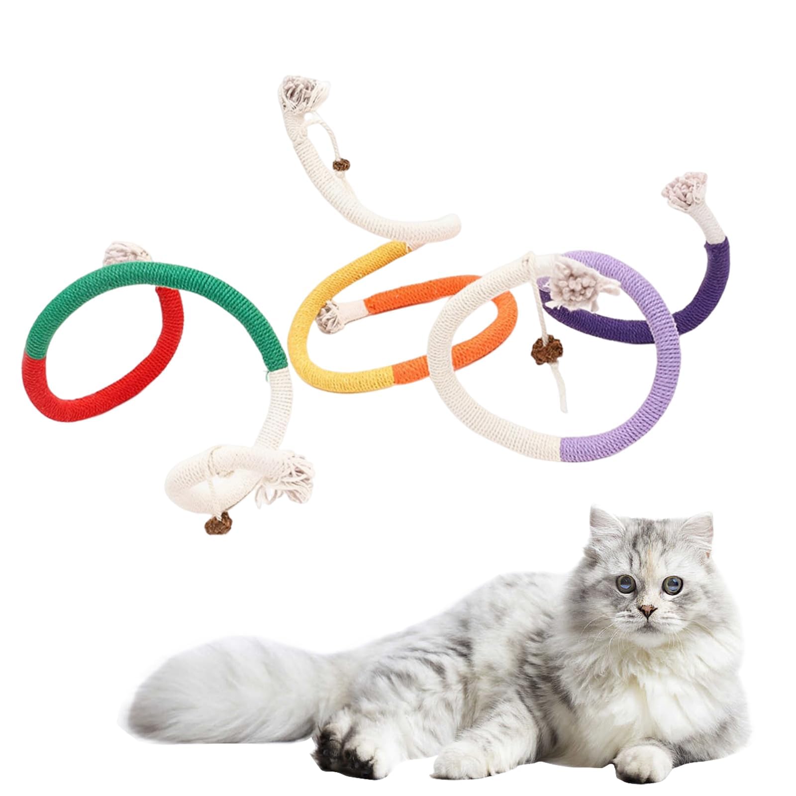 Ainiveiya 3PCS Cat Rope Chew Toys, 27.55in Cotton Rope Kitten Interactive String Dental Care Toys for Teeth Cleaning & Relaxation - Indoor Pet Supplies (Blue, Red, Orange) 4