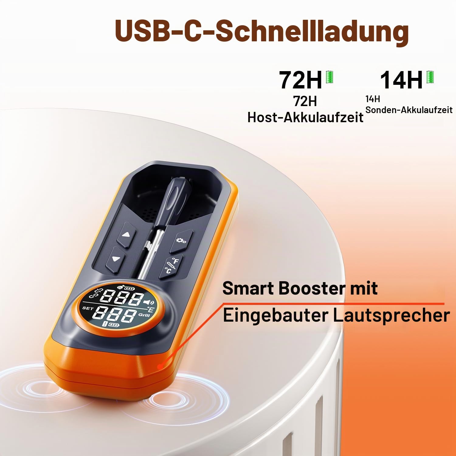 GRAM PRES Kabelloses Fleischthermometer, digitales Kochthermometer mit kabelloser Sonde & 500ft Reichweite Lebensmittelthermometer, iOS & Android App, vorprogrammierte Temperaturen für BBQ, Backofen,