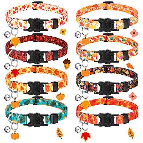 Sanwuta 8 Pcs Fall Cat Collars Breakaway Fall Adjustable Cat Collar with Maple Leaf Pumpkin Bell and Pendant Autumn Orange Kitten Dog Collar for Holiday Autumn Cats Costume Boy Girl Pet Puppy Party