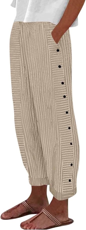 Women Striped Cotton Linen Pants Wide Straight Leg Side Button Lounge Casual Pant Baggy Elastic Waist Trousers