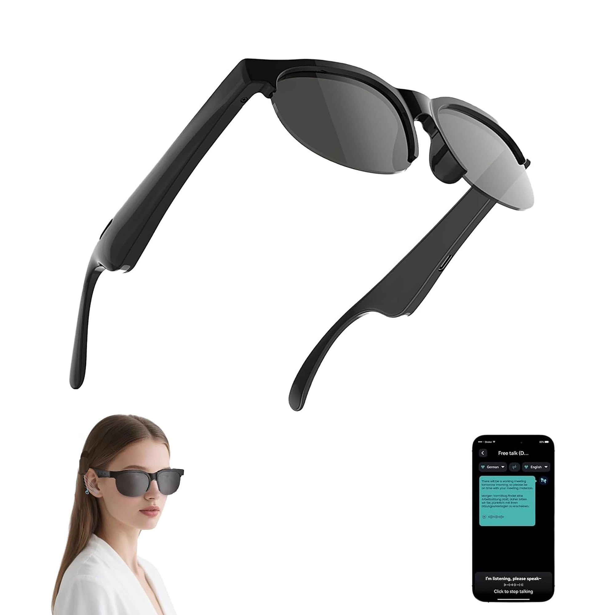 Ai Translator Smart Glasses with 144 Language Translation for Travel Bluetooth Glasses with Built-in Speaker for Men and