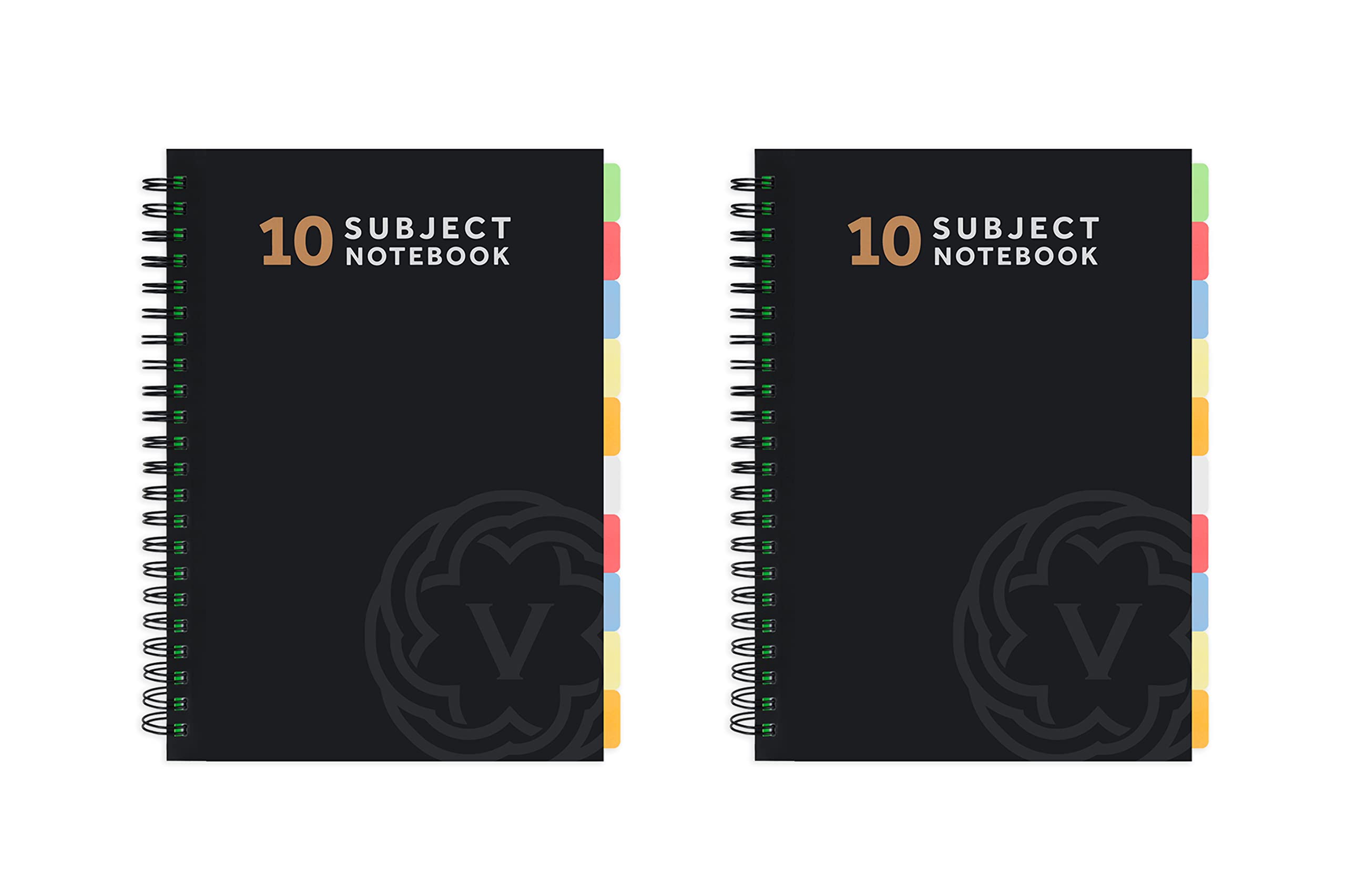 VABE UK A4 Subject Notebook with 10 Dividers - 300 Pages Lined A4 Spiral Notebook (150 Sheets) - 100gsm Writing Pad - Large A4 Lined Jotter with Thick Matte Laminated Cover (Pack of 2, BLACK)