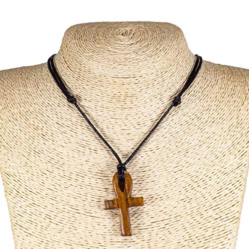 BlueRica Hand Carved Wood Ankh Cross Pendant on Adjustable Black Rope Cord Necklace2