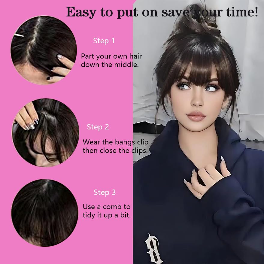 Miniatura 4 de YONGYI Wispy Bangs - Extensiones de cabello con clip de una pieza con clip, extensiones de cabello humano 100% real, flequillo curvado para uso