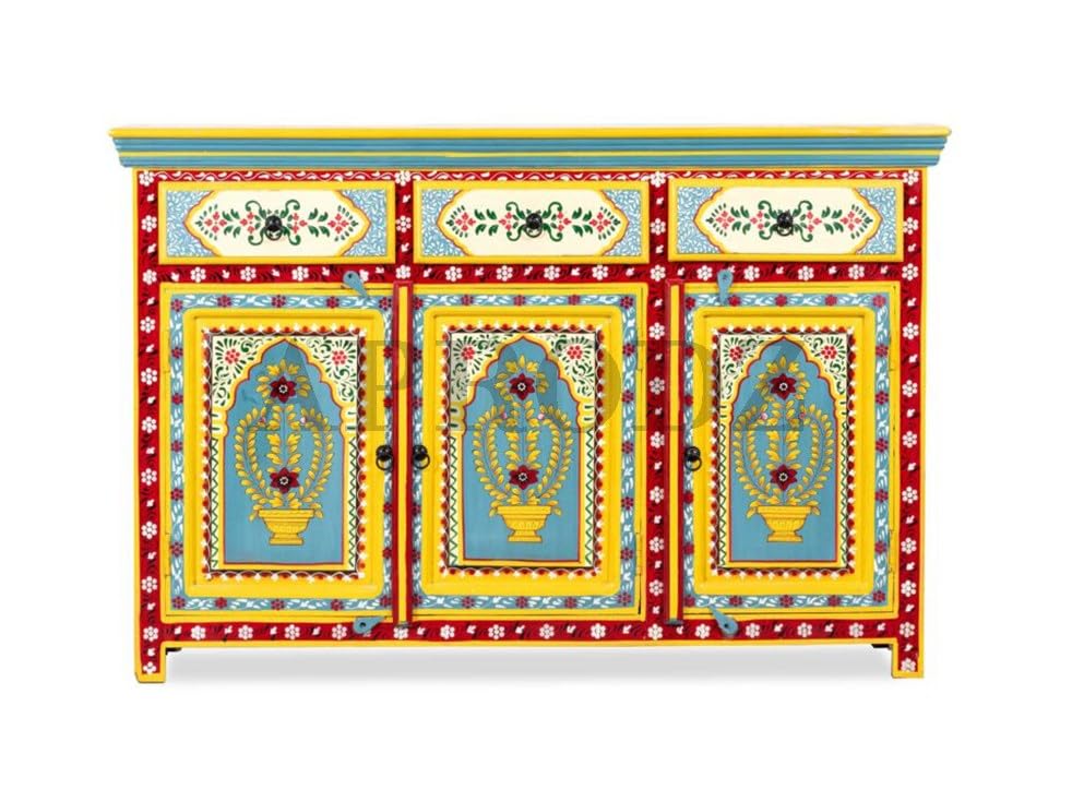 Image of APRODZ Wooden Handpainted Multipurpose Sideboard Storage Cabinet for Home (Multicolor)