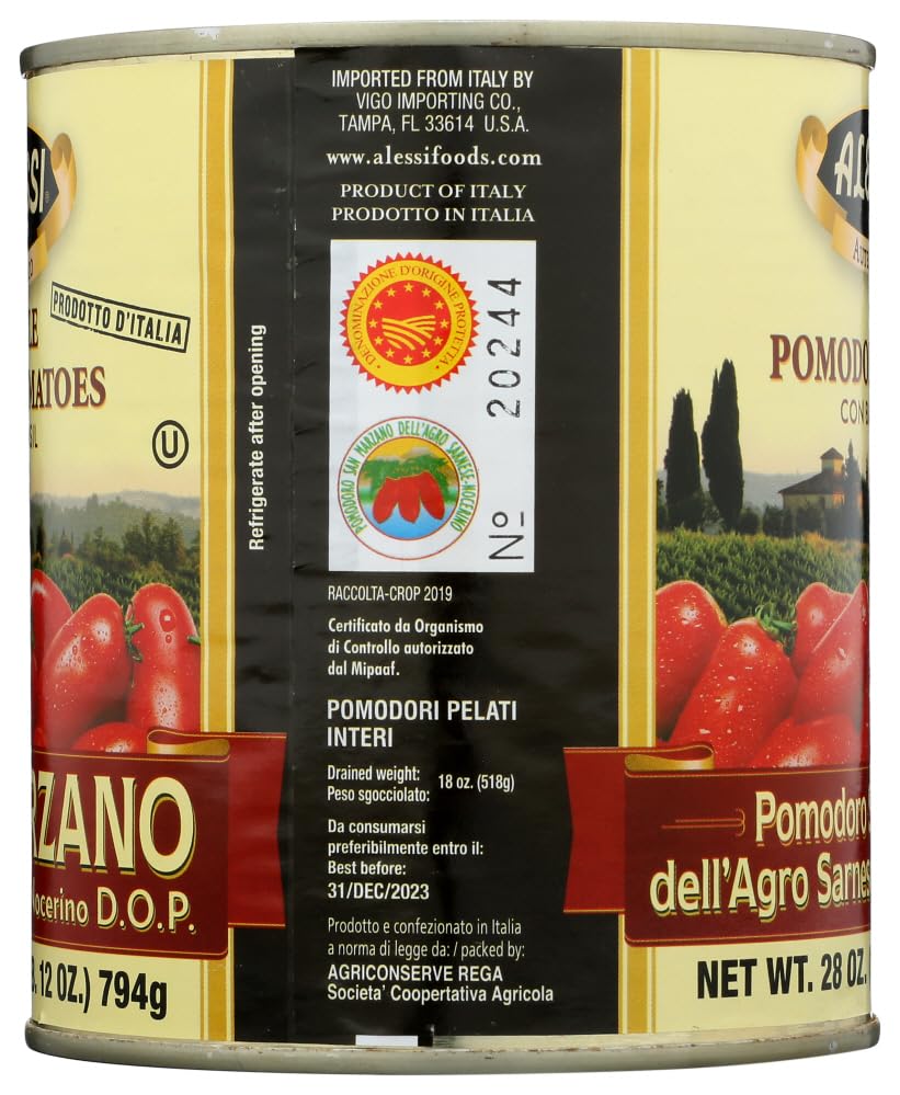 Alessi D.O.P. Whole Peeled San Marzano Tomatoes with Basil, 28 oz (Pack of 6)6
