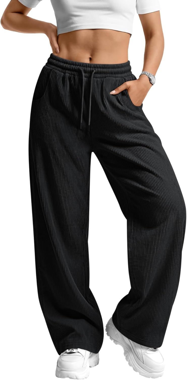 Oakgarden Corduroy Pants for Women Casual Drawstring Elastic Waist Baggy Wide Leg Barrel Loose Comfy Trousers with Pockets