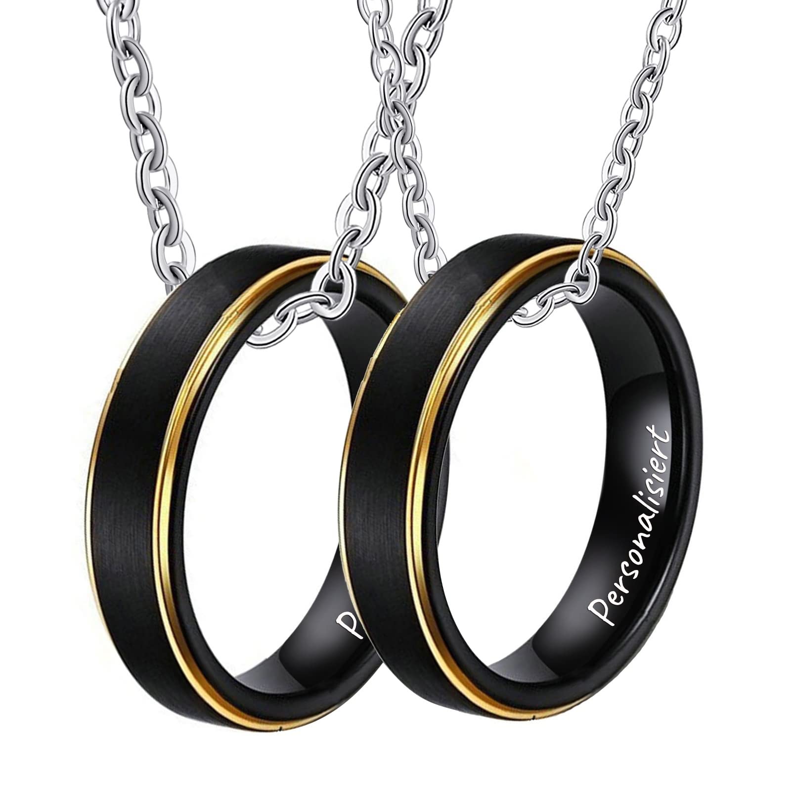 KnSam Wolfram Partner Kette mit Ring Anhänger, 2 Stück Paar Kette Personalisiert Gebürstet mit Goldener Rand, Schwarz für Damen Herren (Breite 5MM, Länge 60cm/ 50cm, Damen 54 Herren 62)