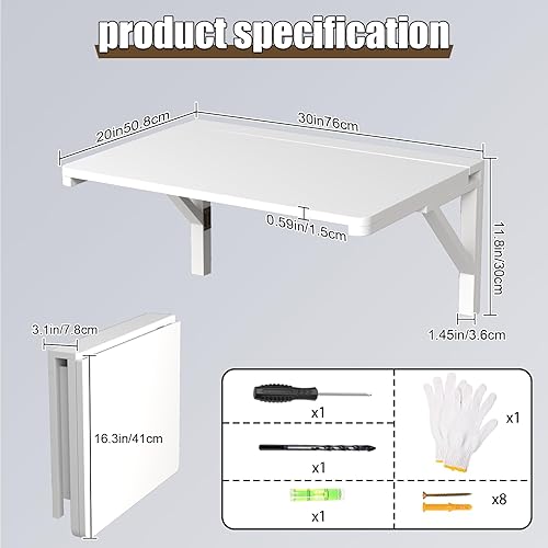 Miniatura 30 de MM MELISEN Mesa plegable montada en la pared, de madera blanca de 37.4 x 21.6 pulgadas, ahorro de espacio, para lavandería, cocina, dormitorio. Se