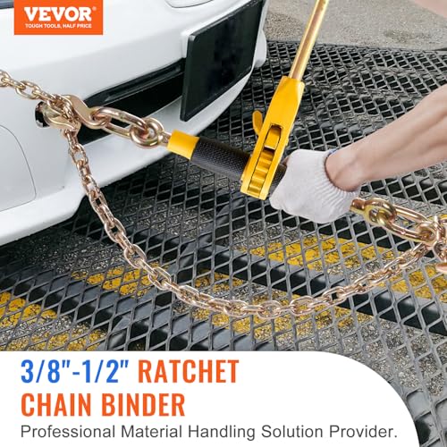 Image of VEVOR 3 /8 inch-1 /2 inch Ratchet Chain Binder with Chain, G80 12000 lbs Secure Limit, Heavy Duty Load, Labor-Saving Anti-Skid Handle, Tie Down Hauling Chain Binders for Flatbed Truck Trailer, 2 Set & Yellow