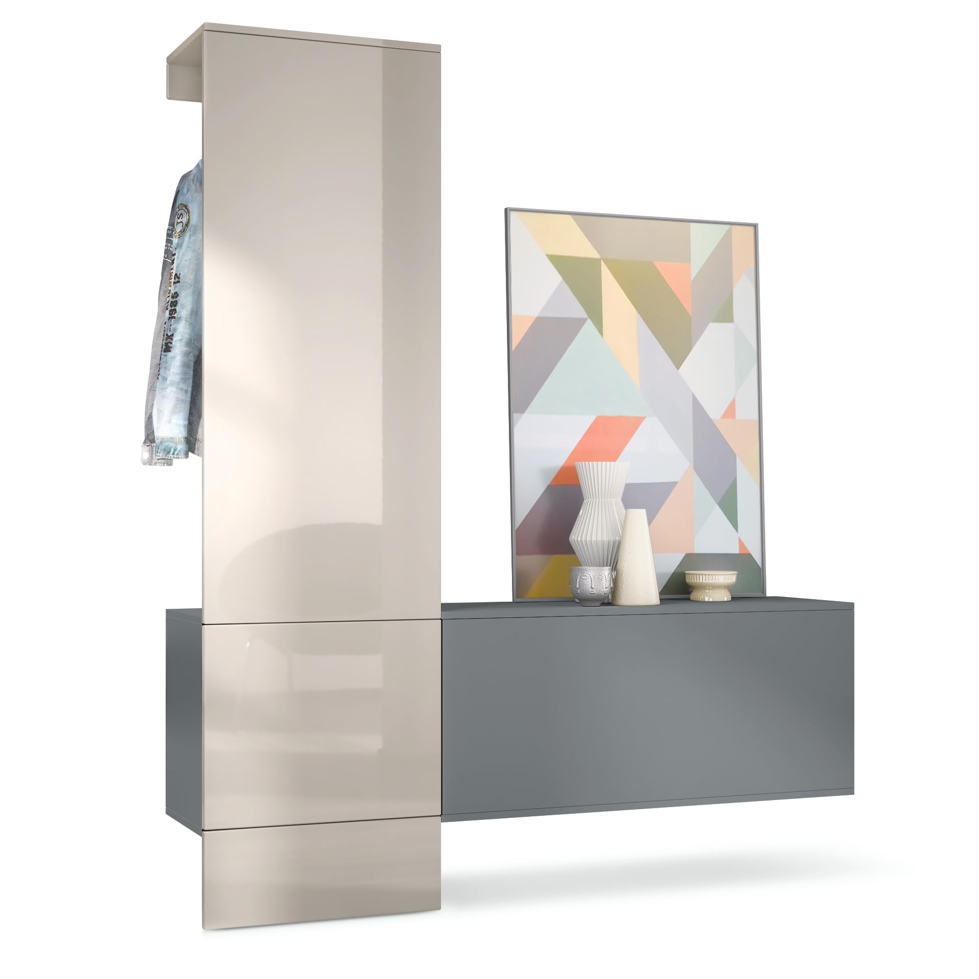 Vladon Garderobe Carlton Set 4 Wandgarderobe Hängeschrank Anthrazit matt Sandgrau Hochglanz 156,5 x 193 x 35 cm