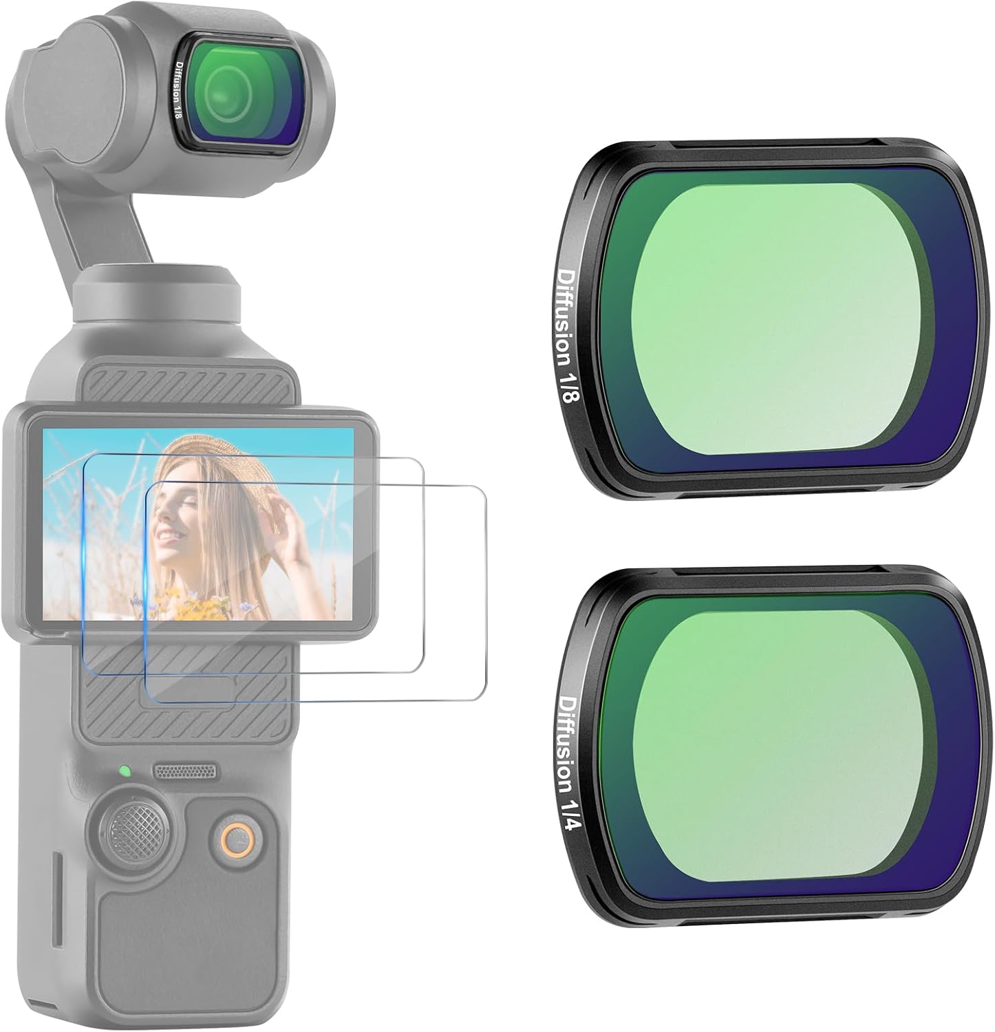 NEEWER 2 Pack Magnetic Black Diffusion 1/4 & 1/8 Effect Lens Filter Set Compatible with DJI Osmo Pocket 4 Pocket 3 Gimbal Camera Creator Combo Accessories with Tempered Glass Screen Protectors, FL-B11