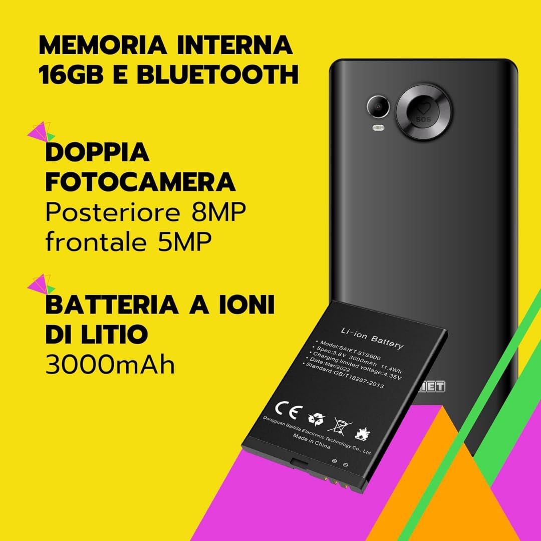 SAIET - Cellulare Smart Senior STS600 MAX Per Anziani 4G e Bluetooth - Tasti e Lettere Grandi - Custodia Protettiva Inclusa - Smartphone con Whatsapp e SOS