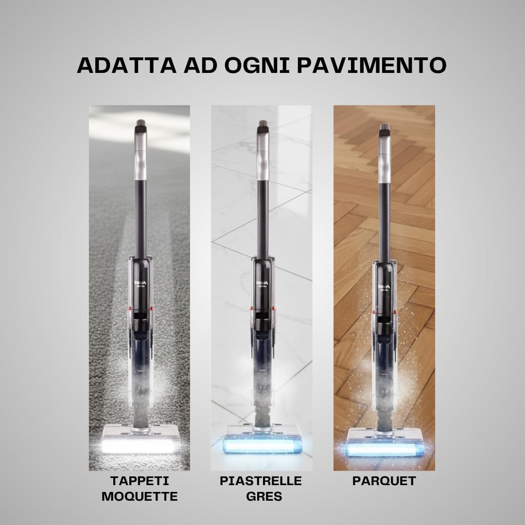 Nova Aspirapolvere Lavapavimenti Senza Fili, Lava e Aspira, Doppio Rullo Autopulente Anti-Groviglio, 23 KPa, Pulizia Bordi, Assistente Vocale Italiano, Autopulizia ad Aria Calda