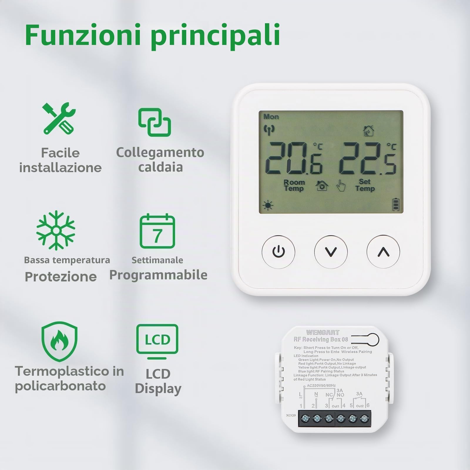 Wengart Termostato wireless e ricevitore WG01RF, display LCD programmabile, funziona per riscaldamento a pavimento radiante, caldaia a gas, bianco
