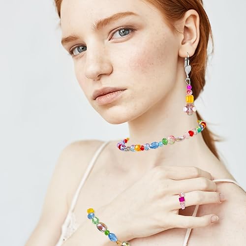 Miniatura 7 de 636 cuentas de vidrio para hacer joyas, cuentas de cristal coloridas de arco iris con cuentas sueltas, cuentas brillantes, agujero perforado para